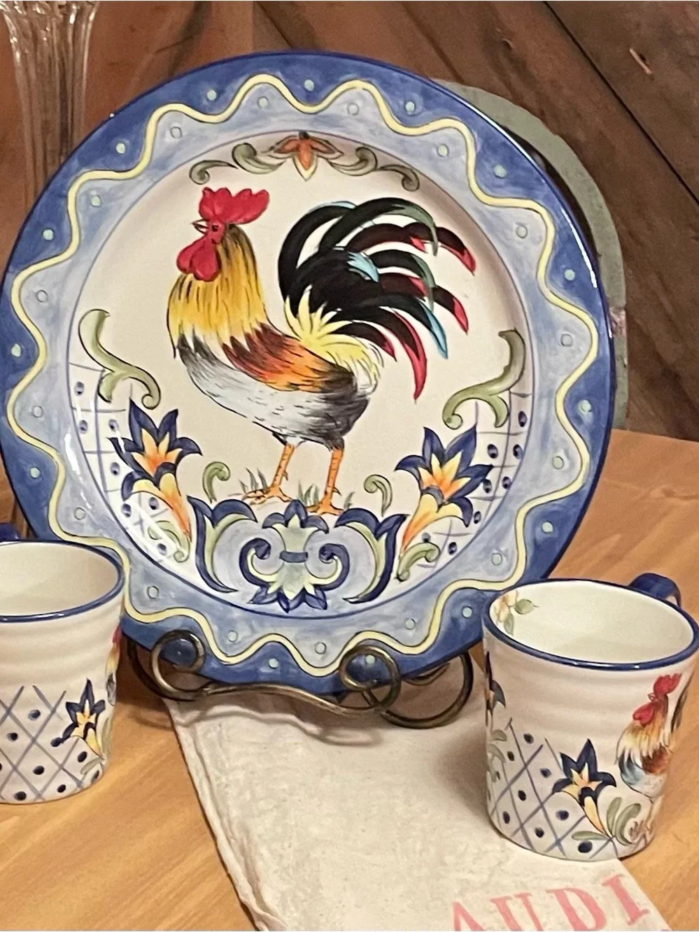 Hand-Painted Rooster Ceramic Dinner Plate - Blue Accent